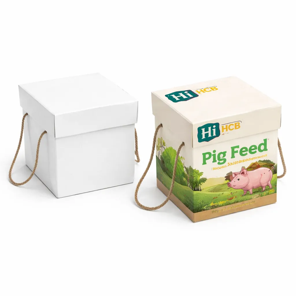 Two drawer-style slide boxes, one plain white and one featuring custom green pig feed designs. class=